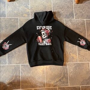 Black Hoodie with Skull and Rose Design